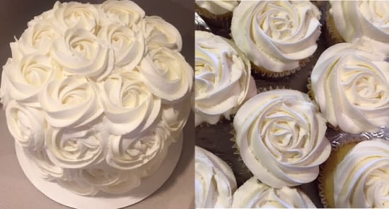 Frosted Rose Pattern Cake and Cupcakes. Use the Open Star1M tip to create this look. Also works on Sugar Cookies. Beautiful Bridal Shower and Wedding Cookies